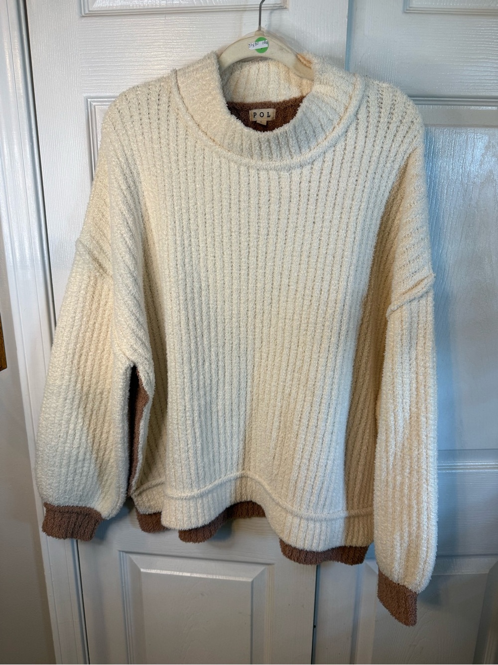 POL Cream Ribbed Sweater with Brown Contrast Trim